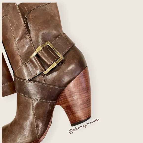 $369 Frye Andrea Mid Tan Brown Vintage Leather Harness Belted Western Ankle Boot - Picture 7 of 10